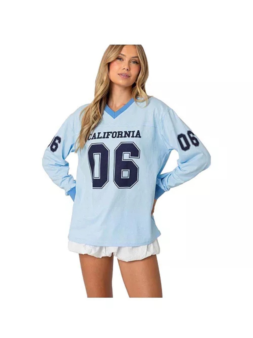Edikted Light Blue California '06 V-Neck Pullover Top